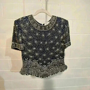 VTG‎ Adrianna Papell Occasions SS Blouse 10 Navy Silk Beaded Cocktail Wedding